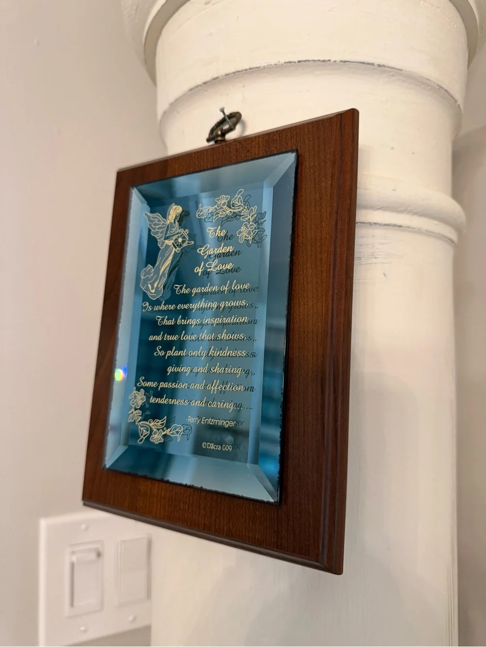 Vintage Engraved Angel Mirrored Plaque in Wood Frame - Blue Mirror